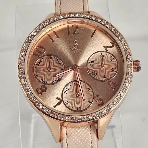 Women's JS Quartz Watch Rose Gold Dial Crystal Bezel Faux Leather Band 38mm - Picture 2 of 13